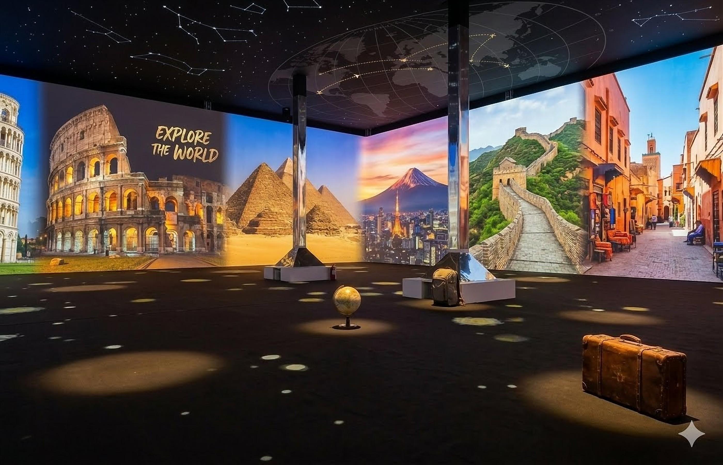 Immersive travel exhibition room with projected world landmarks and a starry ceiling