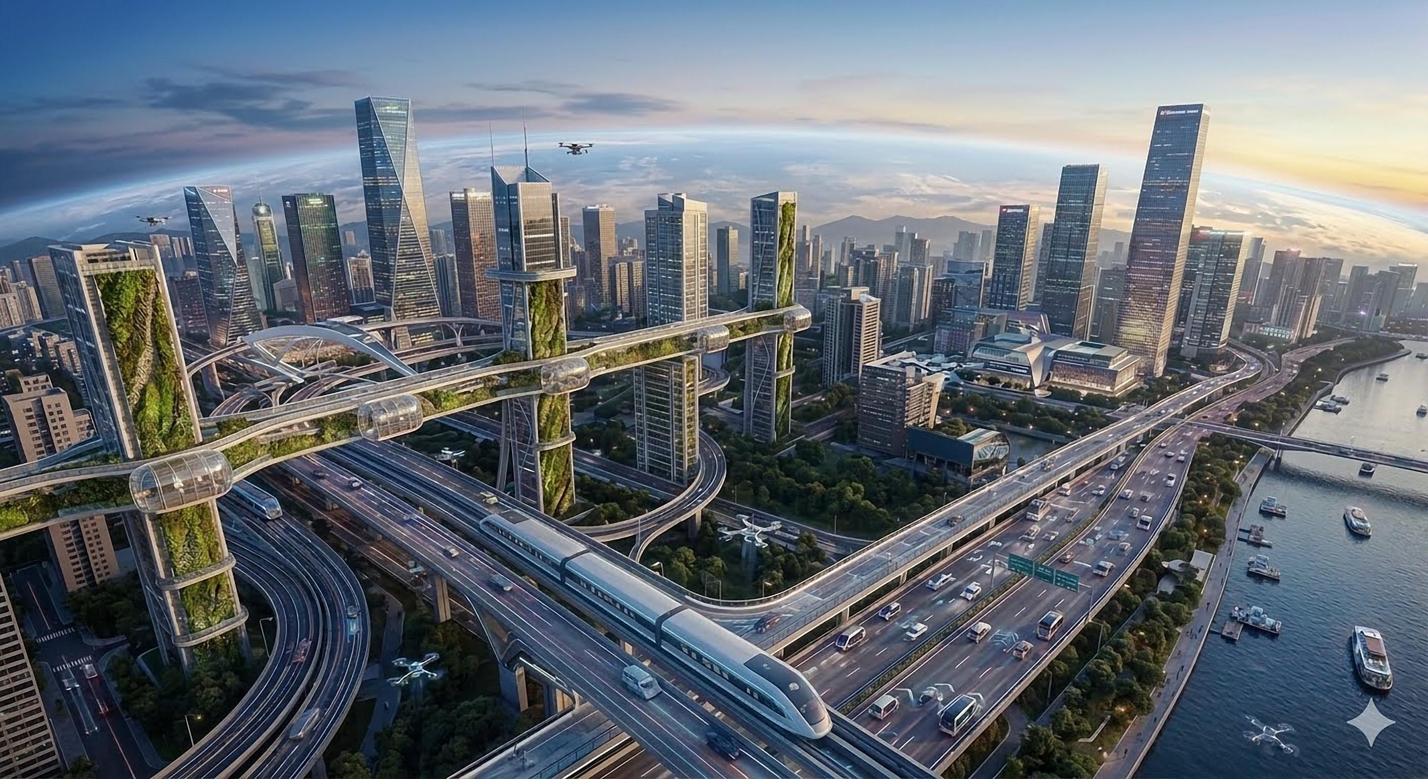 Futuristic skyline with elevated transit, greenery-wrapped towers, and drones over a connected city