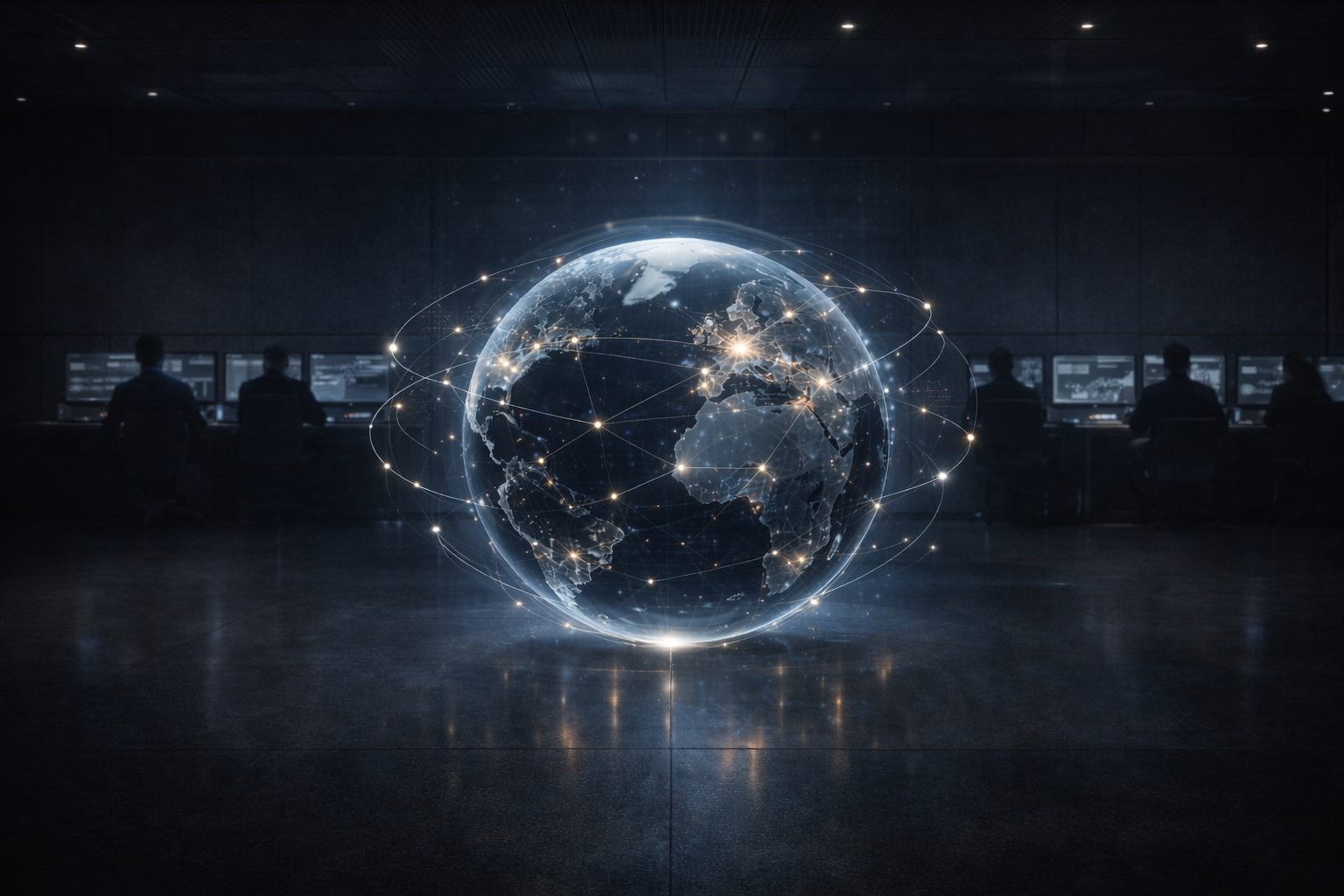 Institutional operations center with a global network visualization